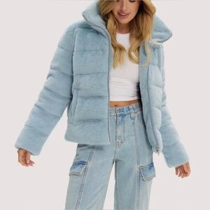 Noize Marina Blue Short Quilted Faux Fur Puffer Jacket With Pillow Collar Size M